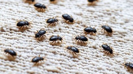 A close-up view of numerous dark brown bugs on a textured surface, showcasing their intricate details and collective presence in domestic settings.