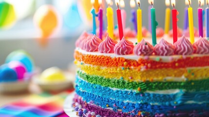 Fototapeta premium Colorful rainbow cake with lit candles, multicolored frosting, and sprinkles, festive celebration