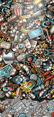 Cinema hand drawn doodle banner. Cartoon detailed flyer.