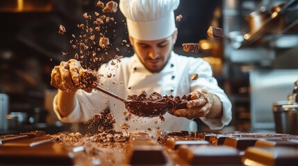 a chef making chocolate in the kitchen. The lighting and the image make it look fun.
