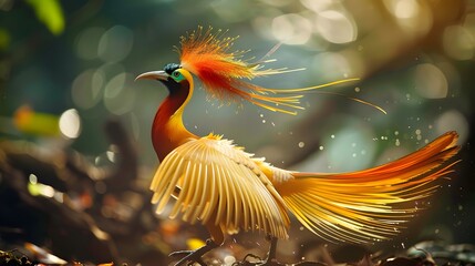 Fototapeta premium A vibrant bird with a bright yellow and orange plumage, long tail feathers and a blue and red crest, stands in a forest with sun shining in the background.