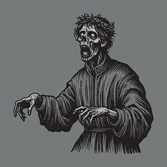 Scary zombie. Living dead. Vintage engraving black and white illustration, print, sketch. Isolated on gray background