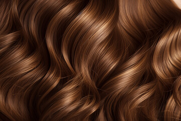 A closeup view of a bunch of shiny curls brown hair