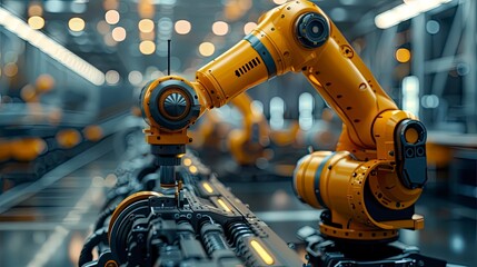 A robotic arm assembling an engine in an automated factory, showcasing the integration of robotics in modern manufacturing processes.