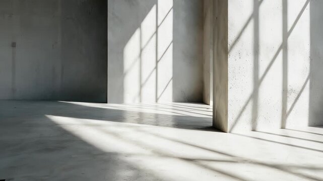  walls in  large empty room. can full of sunlight. Loft wall or minimalist wall. Shadow, light from windows to plaster wall.