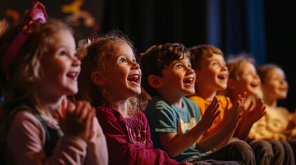 Fototapeta premium A group of joyful children are clapping and smiling while watching a captivating performance at a theater.