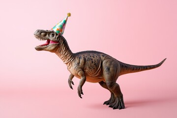 Fototapeta premium Celebratory dinosaur with party hat on pink background