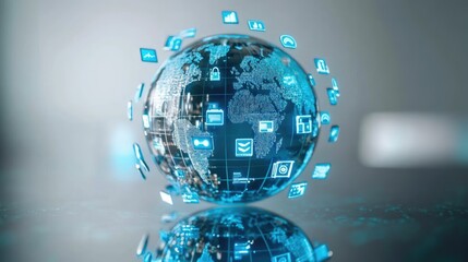 3D globe with search engine icons orbiting around it, symbolizing global internet connectivity