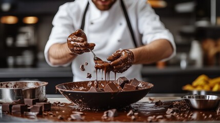 a chef making chocolate in the kitchen. The lighting and the image make it look fun.