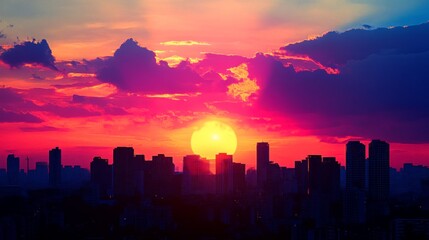 Fototapeta premium A detailed shot of the sun setting behind a city skyline, with buildings silhouetted against the colorful sky, emphasizing the contrast between urban life and natural beauty.