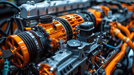 A hybrid car engine with its electric motor and battery pack, representing the integration of renewable energy and traditional power sources.