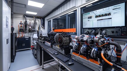Fototapeta premium An engine testing lab with various engines connected to diagnostic equipment, illustrating the rigorous testing protocols in place for quality assurance.