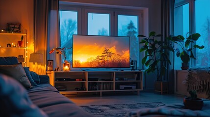 Modern Living Room Cinematic Documentary: Cozy Winter Evening with Large TV Screen Display - Editorial Magazine Photography Mockup