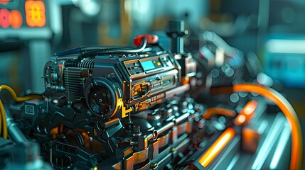 Fototapeta premium A high-tech engine diagnostic tool connected to an engine, highlighting the use of technology in modern automotive maintenance and repair.