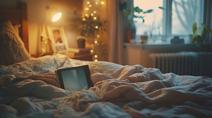 Cozy Morning Vibes: Cinematic Documentary Style Close-up of E-Reader on Bedside Table in Winter Bedroom with Soft Decor, Perfect for Editorial Mockup Template