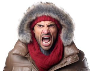Latin American man expressing anger and rage wearing winter jacket