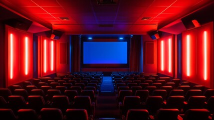Obraz premium A darkened cinema hall featuring rows of empty seats illuminated by striking red and blue lights, ready for a movie screening.