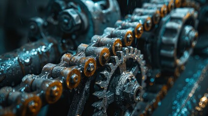 A close-up of an engine's timing gears and chain, highlighting the precision and importance of proper timing in engine operation.