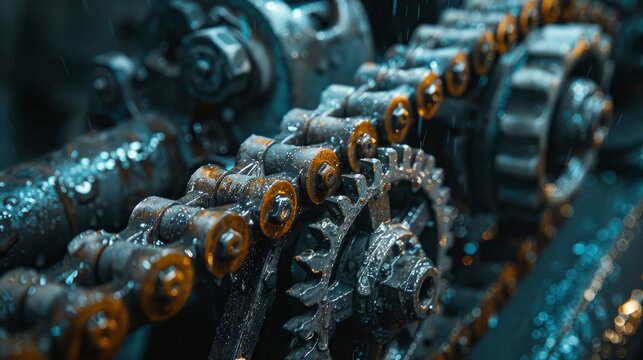 A close-up of an engine's timing gears and chain, highlighting the precision and importance of proper timing in engine operation.