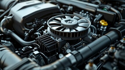 An engine's cooling fan and radiator, emphasizing the components responsible for maintaining optimal engine temperature.