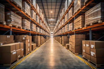 rows of shelves holding boxes inside a warehouse