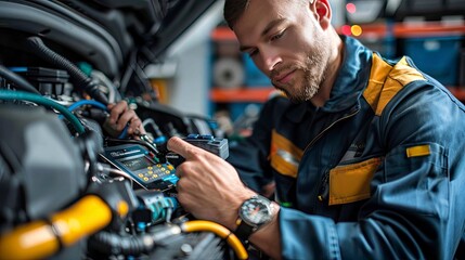 A technician using a diagnostic scanner to troubleshoot an engine issue, highlighting the use of advanced tools and technology in automotive repair.