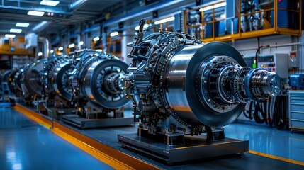 A high-tech engine testing facility with multiple engines undergoing performance evaluations, showcasing the rigorous testing protocols for quality assurance.