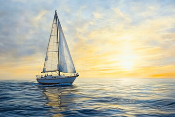 Fototapeta premium Sailboat Gliding Across Calm Waters During a Pastel-Hued Sunset in Open Skies