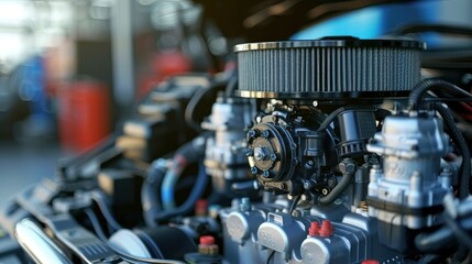 Fototapeta premium A detailed view of an engine's air filter and intake system, emphasizing the components responsible for clean and efficient air delivery.