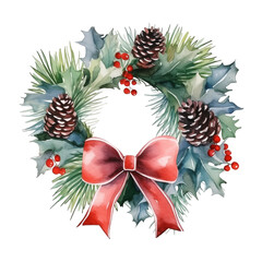 Fototapeta premium Watercolor festive Christmas wreath adorned with pine cones, holly leaves, red berries and red bow isolated on white background.