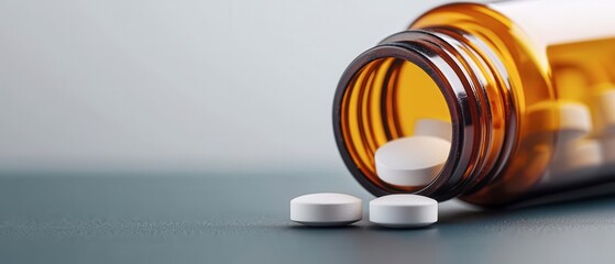 Macro shot of a pill bottle spilling onto a surface, one pill distinctly separated and in focus, overdose education, critical awareness