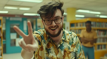 Obraz premium A joyful Caucasian male with glasses and a beard strikes a peace sign in a colorful library, showcasing a vibrant and friendly atmosphere.