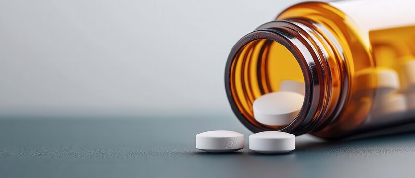 Macro shot of a pill bottle spilling onto a surface, one pill distinctly separated and in focus, overdose education, critical awareness