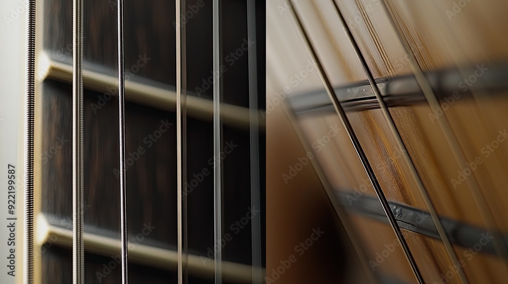 Poster Strings on a Guitar Captured From Various Angles Showcasing Craftsmanship and Detail in a Well-Lit