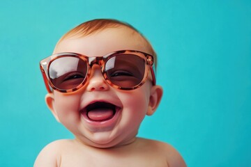 Fototapeta premium Happy baby wearing oversized sunglasses on blue background