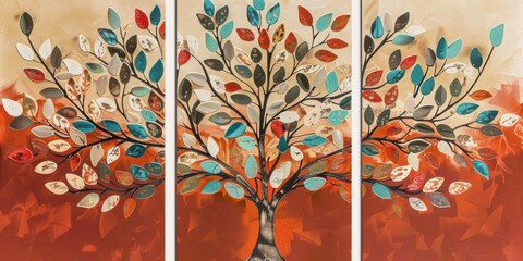 Set of 3 wall art panels with abstract olive tree prints in deep teal, vibrant orange, and soft beige, on warm maroon background, painting, close up, split into three on white background