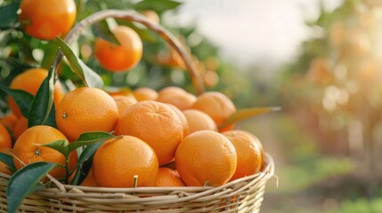 Close up of a wicker basket overflowing with a vibrant assortment of freshly harvested citrus fruits including oranges lemons and tangerines
