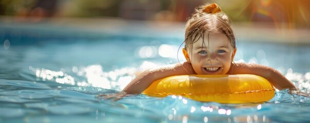 Banner with happy girl enjoying swimming in a pool with a yellow float in summer