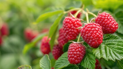 Closeup of lush ripe organic raspberries growing on a plant with deep depth of field showcasing biodynamic fruit cultivation using natural farming practices for a sustainable