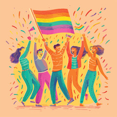 People celebrating pride, holding a large rainbow flag.
