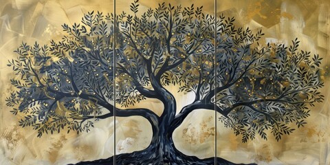 Set of 3 wall art panels with abstract olive tree prints in rich olive, soft gold, and dark gray, on earthy clay background, painting, close up, split into three on white background 