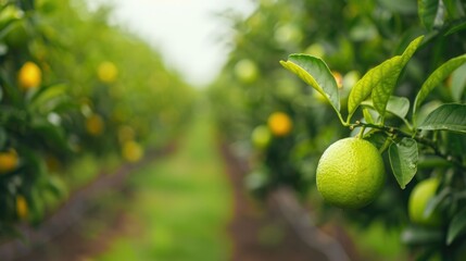 Lush flourishing biodynamic citrus orchard showcasing natural farming practices and a deep depth of field