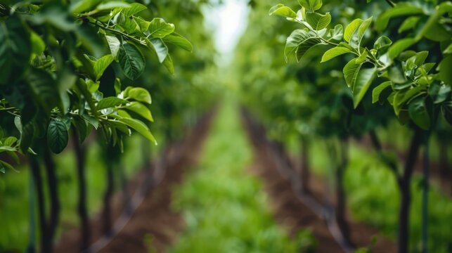 Lush verdant orchard scene showcasing various pruning techniques demonstrated with a deep depth of field creating a serene and tranquil atmosphere