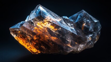 A detailed image of a translucent mineral with light diffusing through it, revealing its internal structure and colors, set on a solid black background