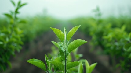 Obraz premium Closeup of lush green leaves on tree branches in a blurred orchard field demonstrating tree pruning techniques in a deep depth of field setting The image depicts a natural organic