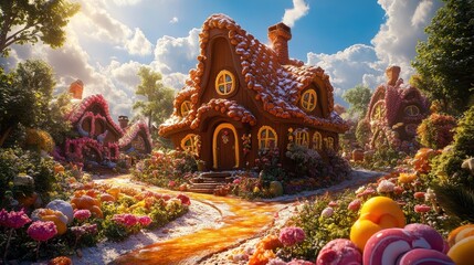 chocolate house in a candy town. Daylight.