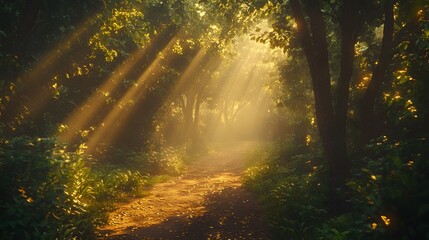 Obraz premium Enchanted forest pathway, misty atmosphere, golden sunbeams, towering ancient trees, lush green foliage, magical ambiance, photorealistic, soft lighting.