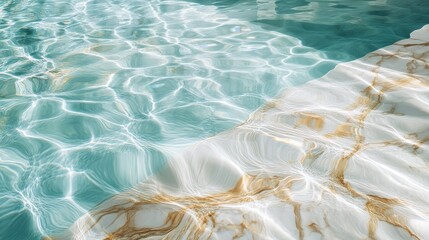 Obraz premium View of a marble pool floor through a transparent water surface, with sunlight casting subtle patterns and reflections.