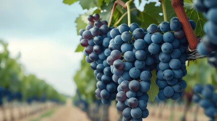 Obraz premium Freshly harvested plump ripe grapes hanging in clusters on the vine in a lush green vineyard with a deep depth of field