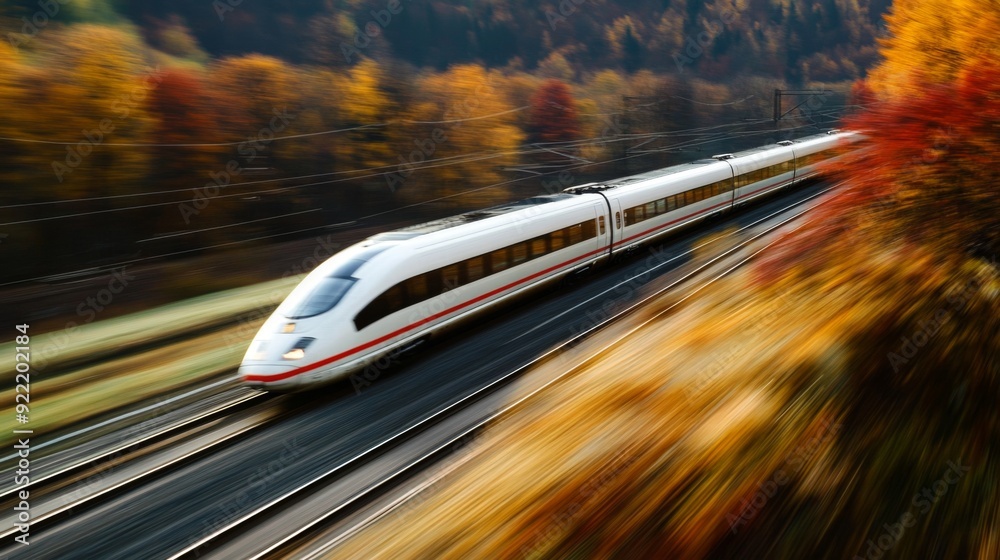 Poster a high-speed train racing through a scenic landscape, with motion blur emphasizing the speed and eff